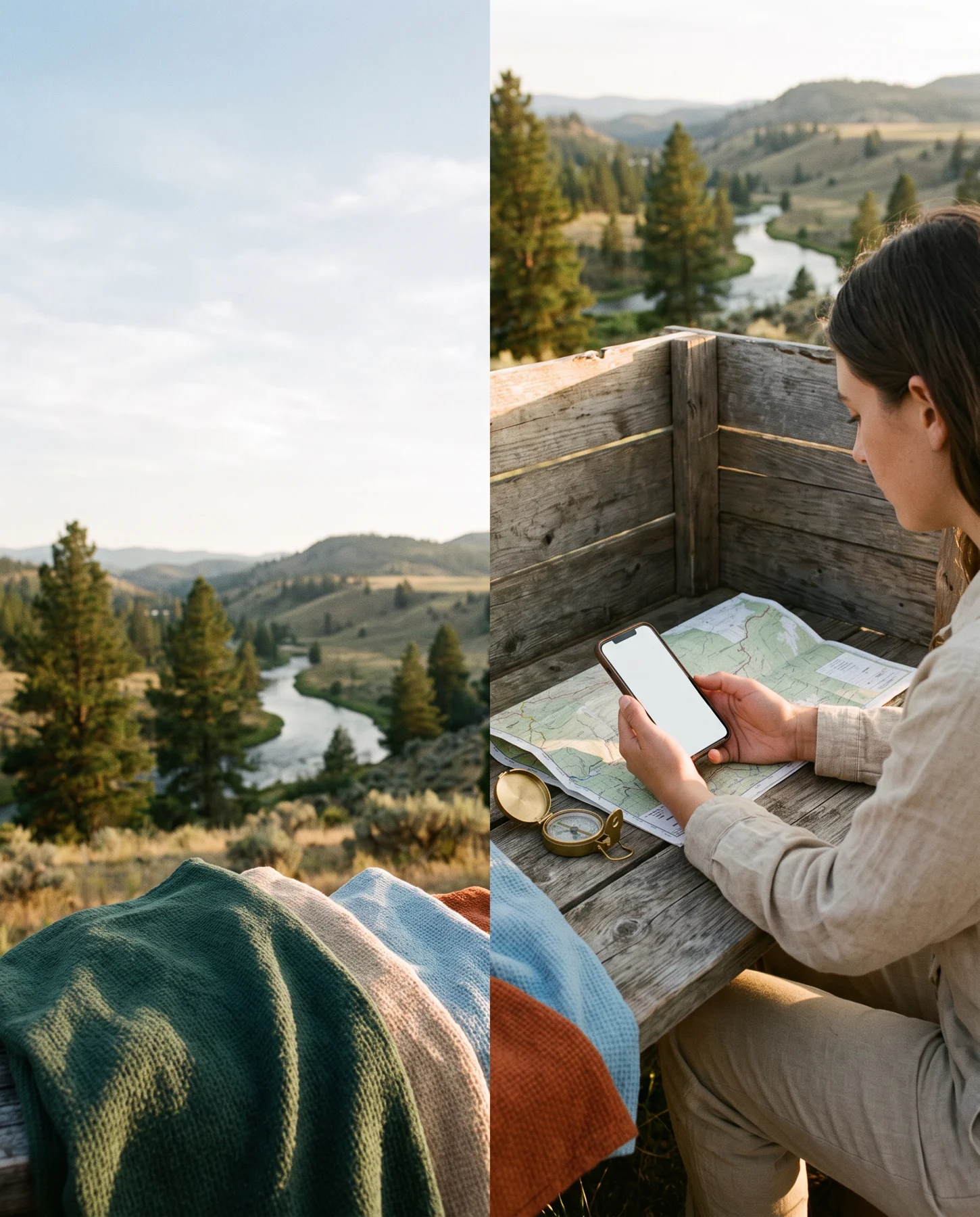 Product explorer using a phone beside a map and river valley