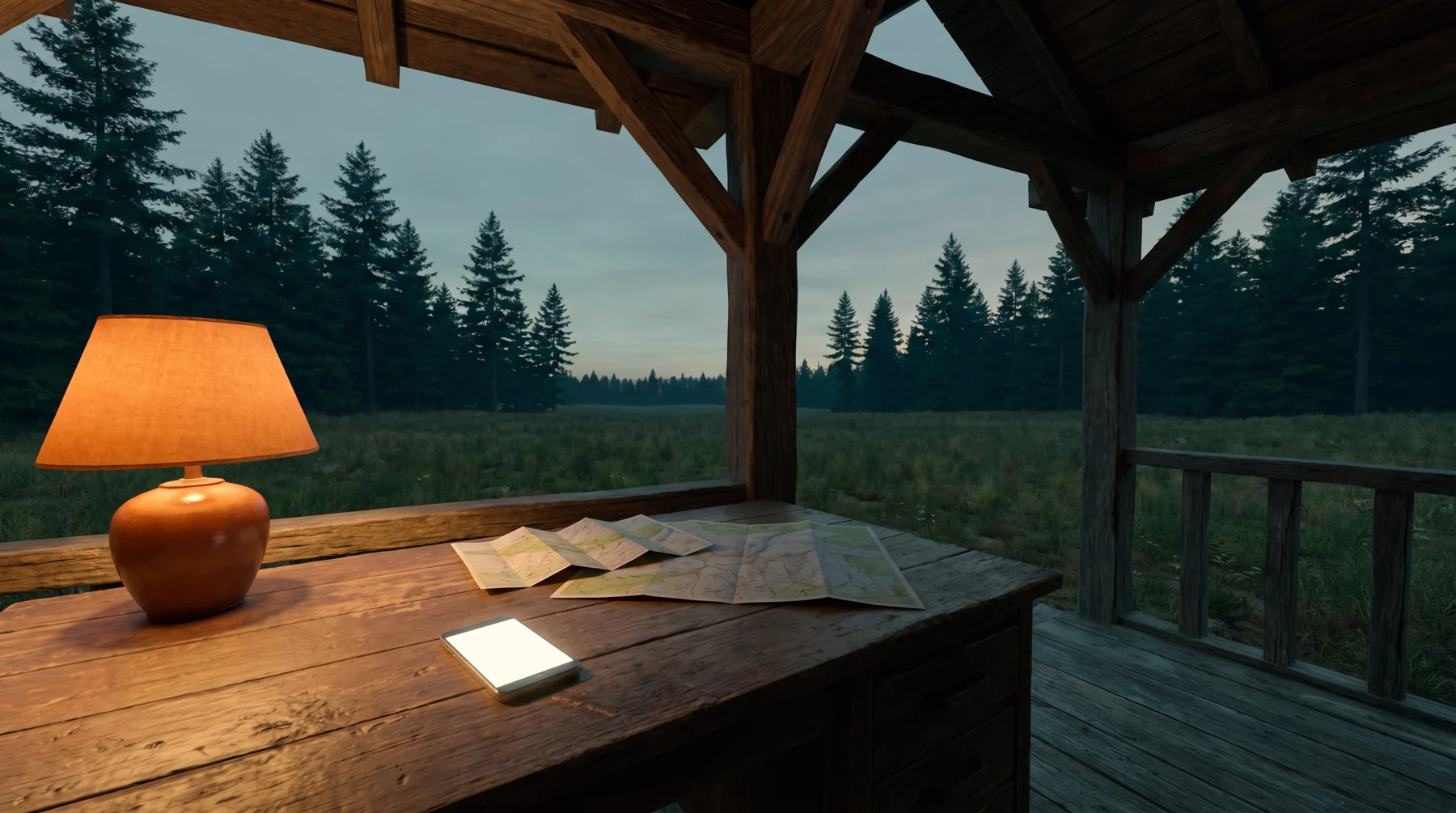 A dusk cabin desk with a lamp, paper map and phone
