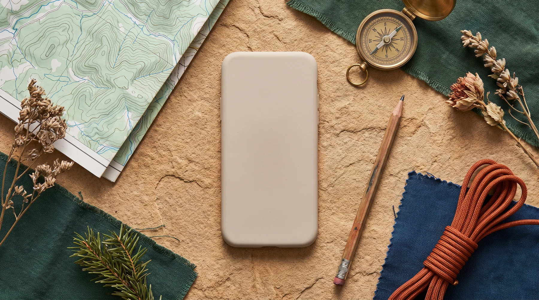 Phone surrounded by a map, compass and field gear