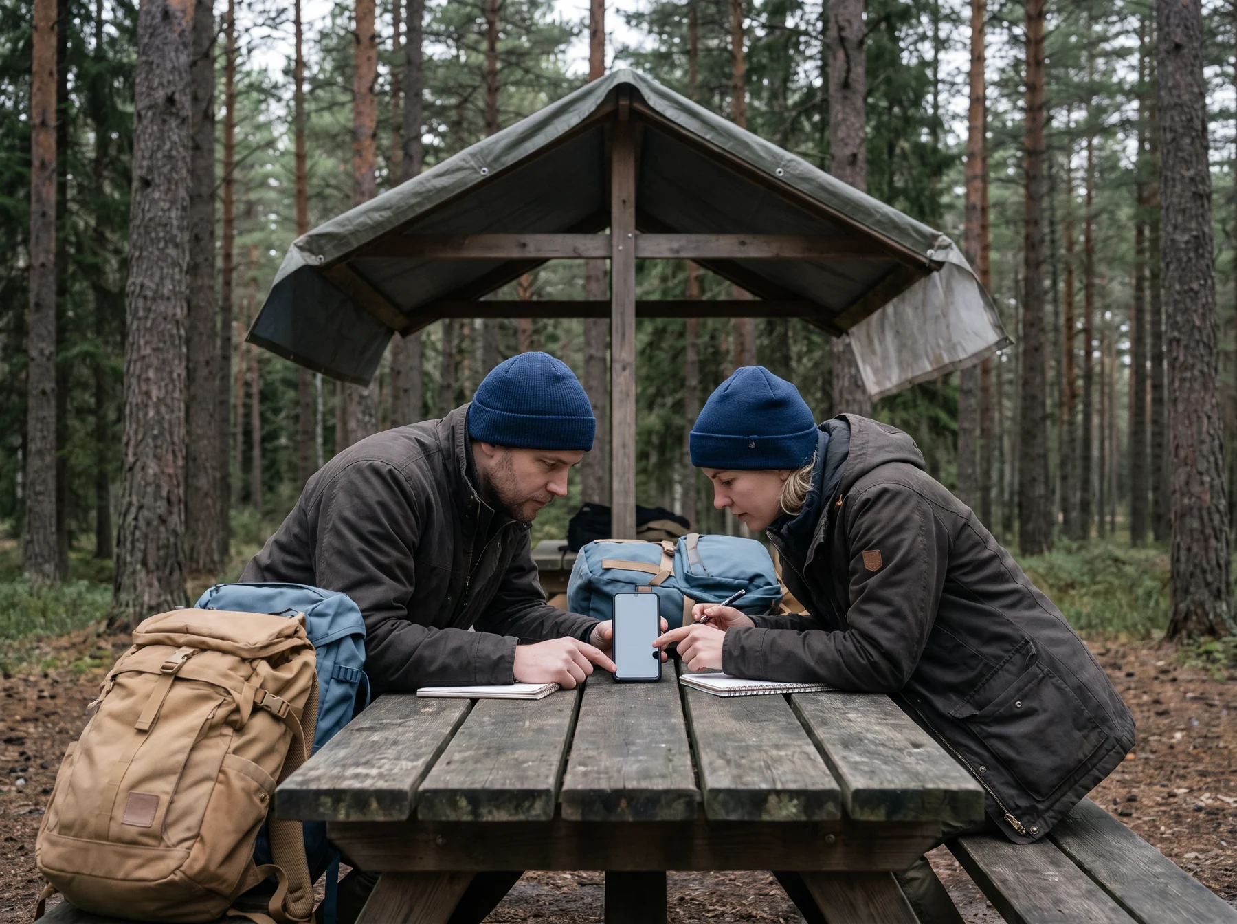 Two people testing a phone at a forest table