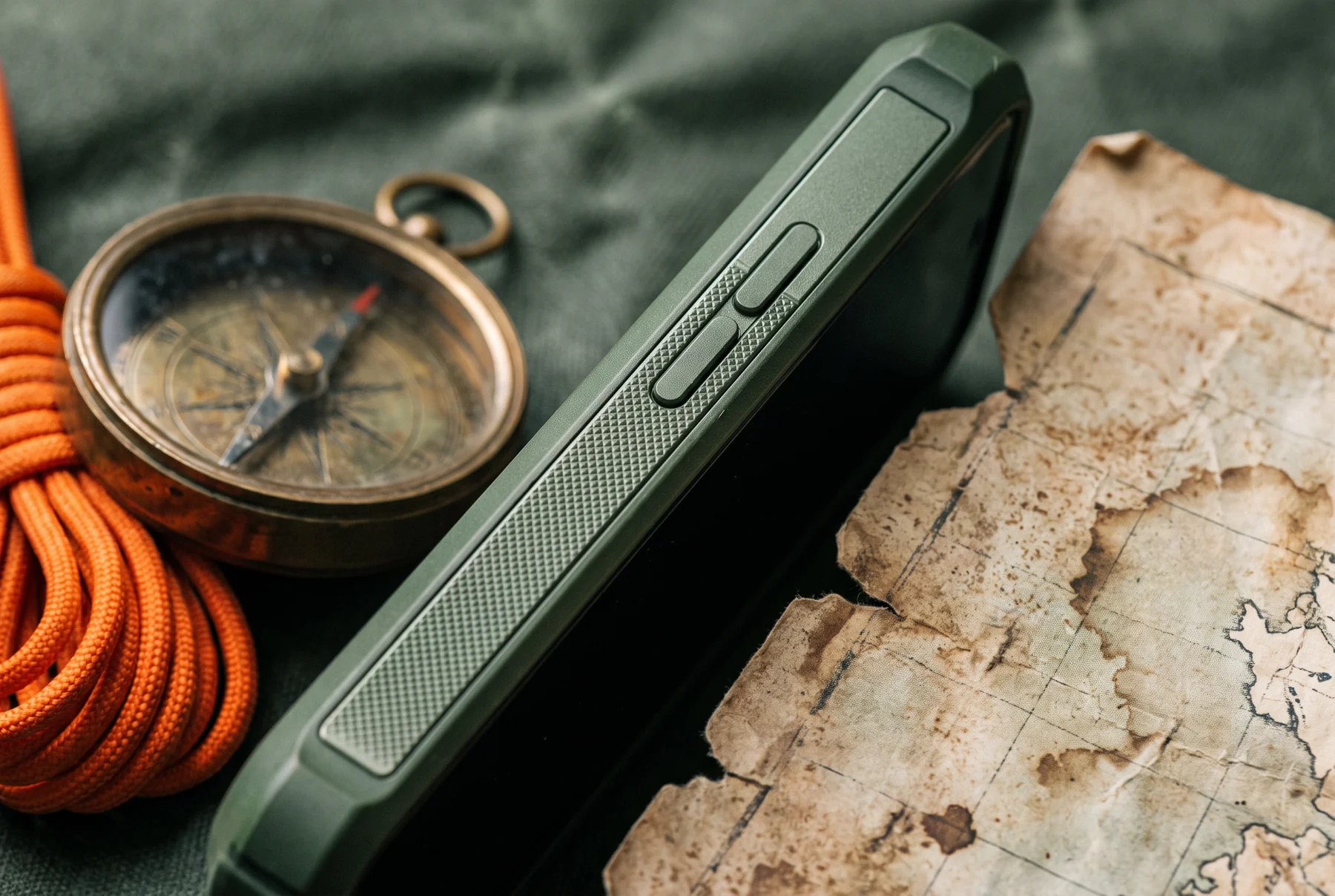 Rugged mobile phone, compass, rope and map