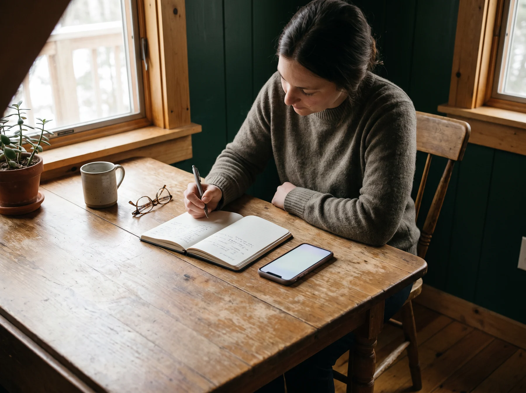 Person documenting ideas in a notebook with a phone at a wooden table