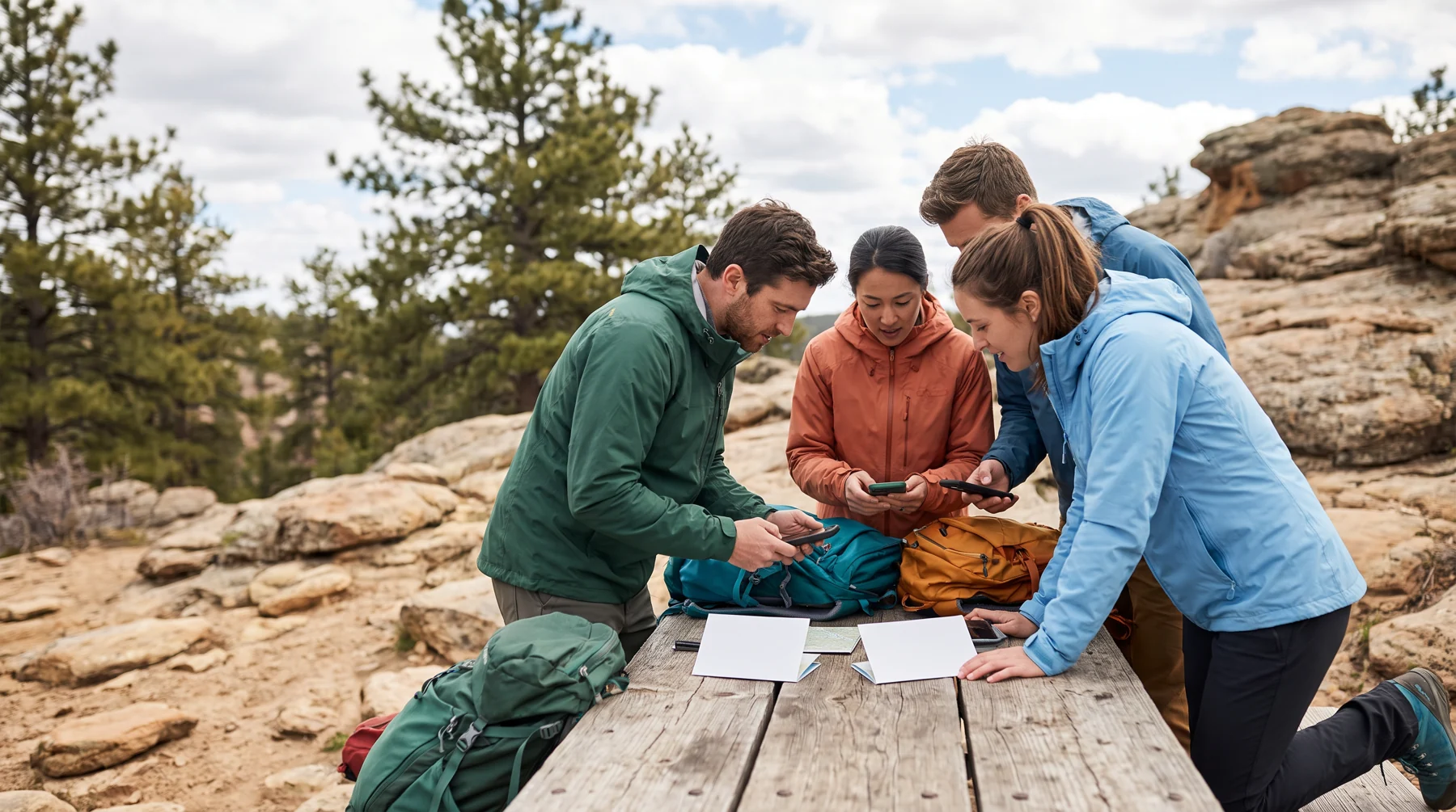A team preparing phones and packs at an outdoor route stop