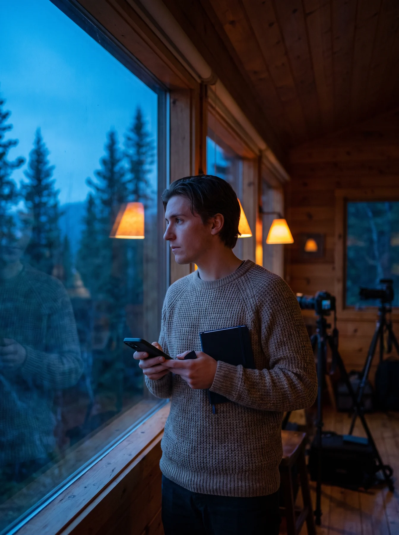 Product maker holding a phone and notebook by a dusk window