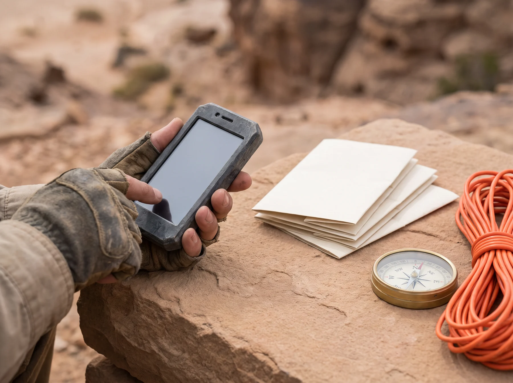 Hand holding a rugged phone beside a compass and blank field cards