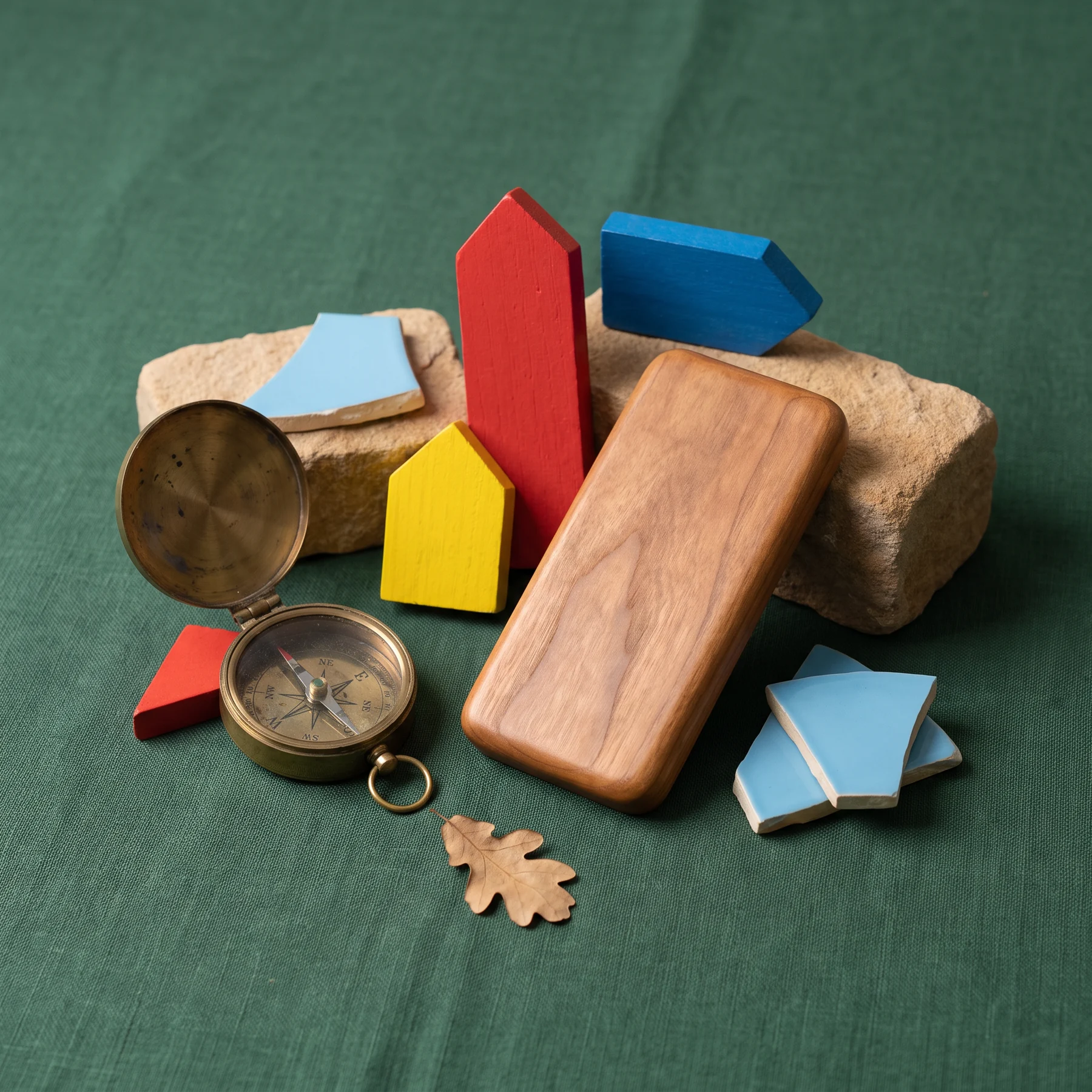 Colorful wooden route markers and a compass